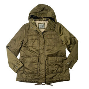 Levis Jacket Womens Large Moss Green Sherpa Lined Parka Full Snap Zip Up Hooded